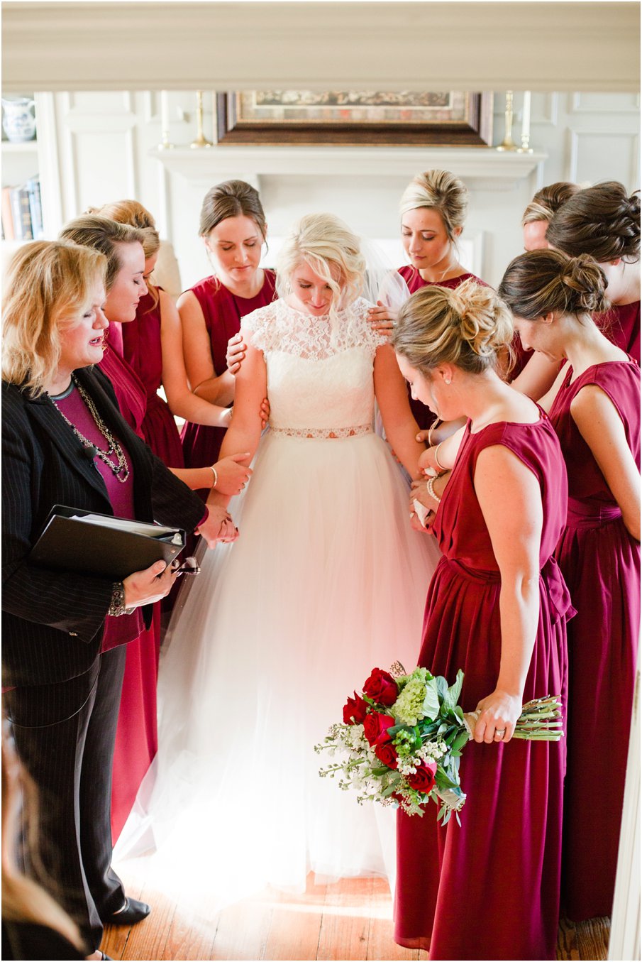bride-praying-with-bridesmaids-before-wedding-ceremony-at-vintager-inn-new-kent-virginia
