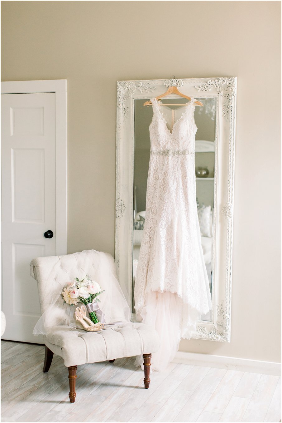 This Northern Virginia wedding venue has the most beautiful getting ready suite with white walls and furniture. Perfect for getting ready details. Shadow Creek weddings are perfect for every moment.