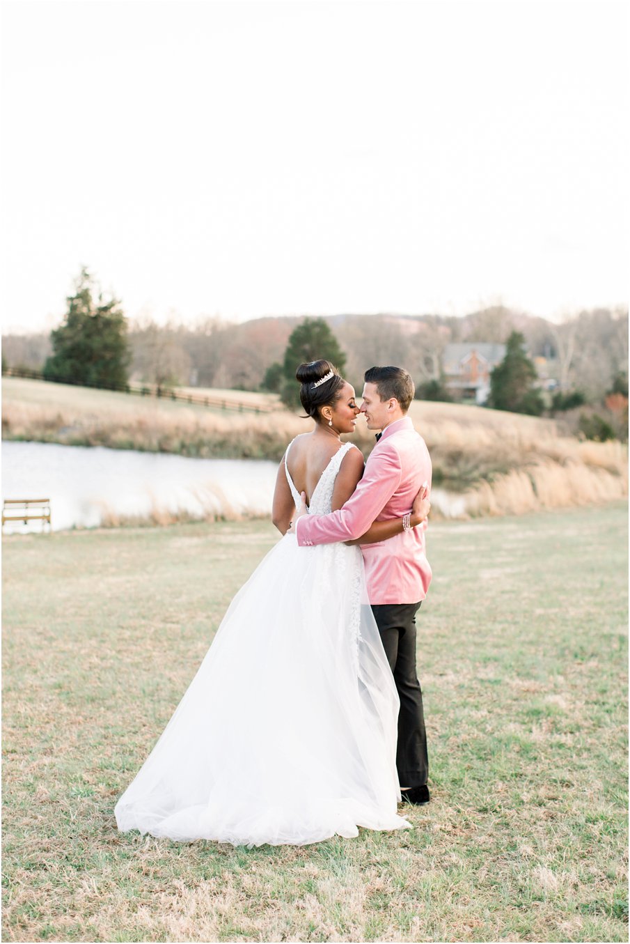 A Bride and Groom Portrait taken at sunset after their Walden Hall wedding. Their blush themed wedding day was filled with all things blush, even the groom wore a blush, velvet suit jacket!
