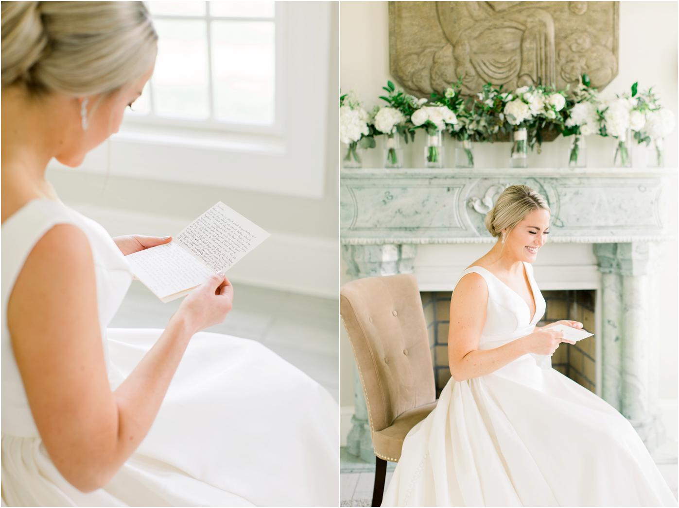 Bride reading note from Groom in the bridal suite at her Morais Vineyard Wedding