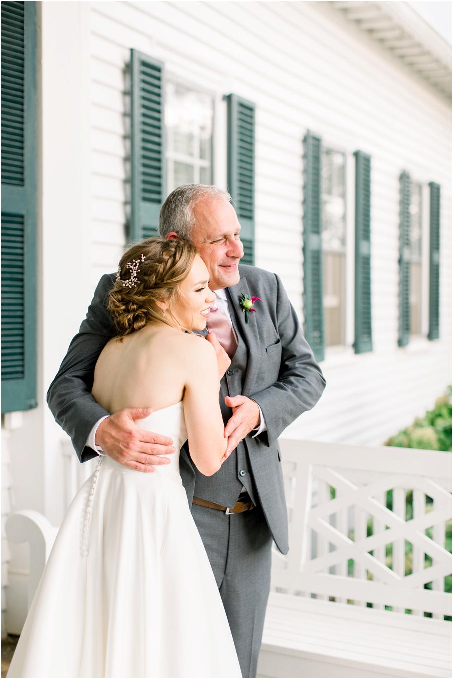 Father hugging his daughter after their father daughter first look excited for the Pharsalia wedding day